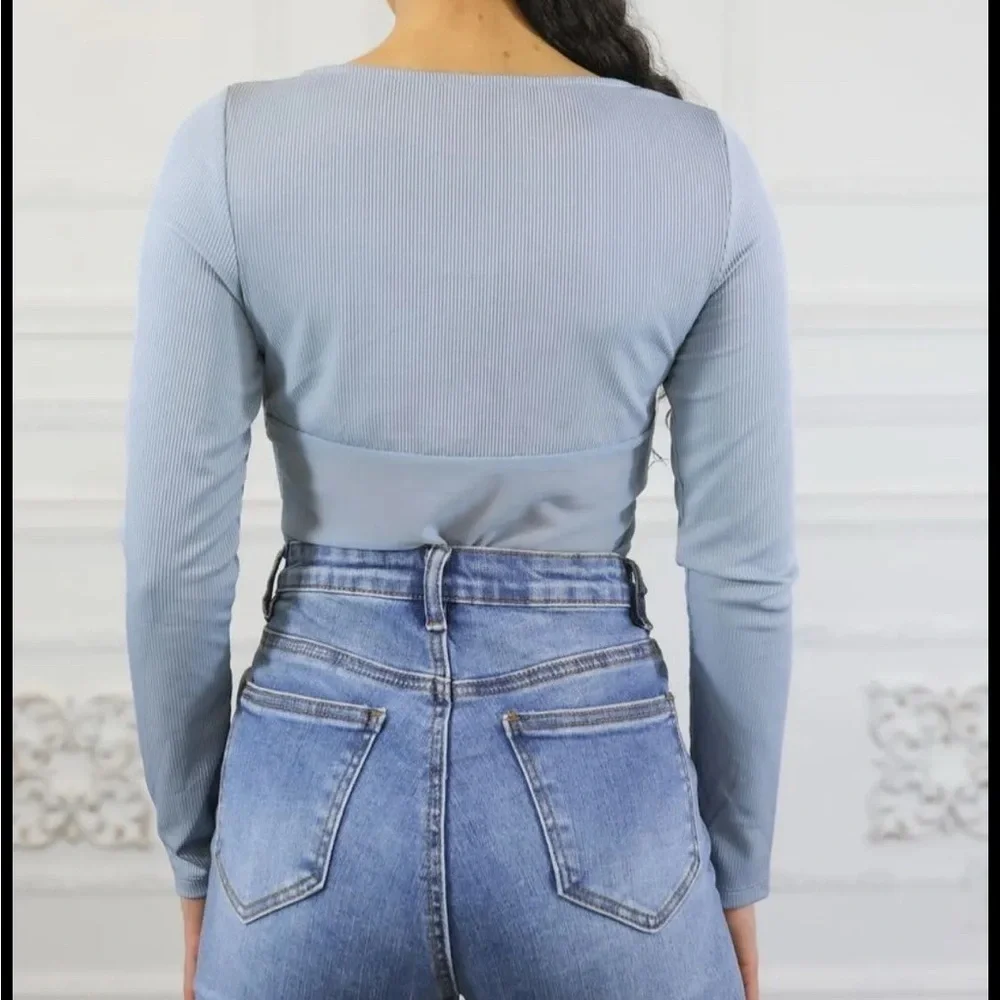 Women's Blue Long Sleeve bodysuit Top - Picture 2 of 3